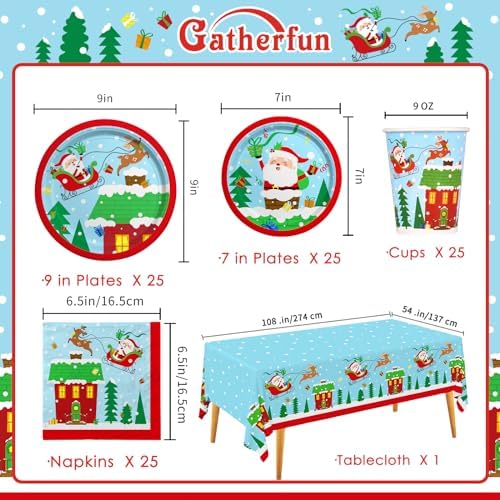 Santa-Themed Disposable Plates Napkins Cups Set with Waterproof Tablecloth - 25 Pieces