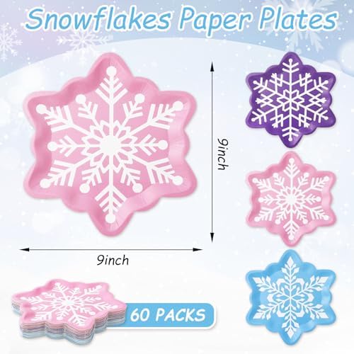 60Pcs Winter Snowflake Paper Plates with Pink Blue Purple Design