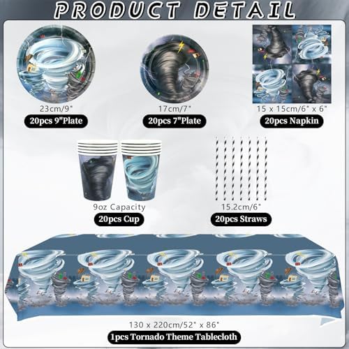 KEFAN Tornado Themed Party Set 20 Plates Cups Napkins Tablecloth
