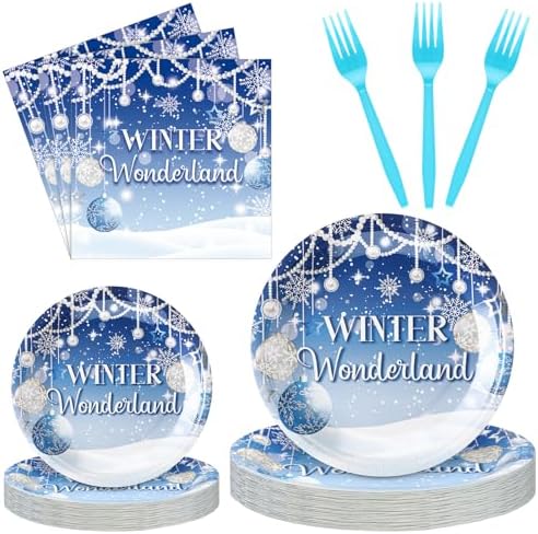 Zhehao 96 Pcs Winter Wonderland Plates and Napkins Set