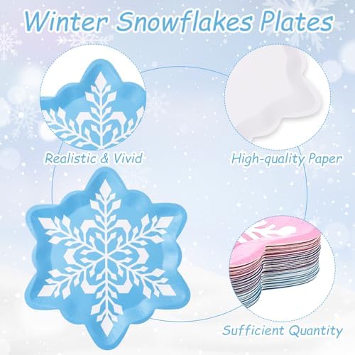 60Pcs Winter Snowflake Paper Plates with Pink Blue Purple Design