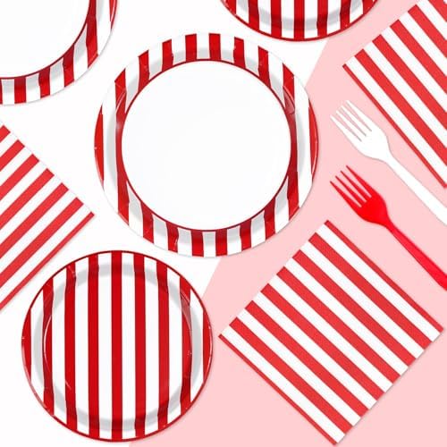 96Pcs Red and White Striped Party Supplies Set for 24