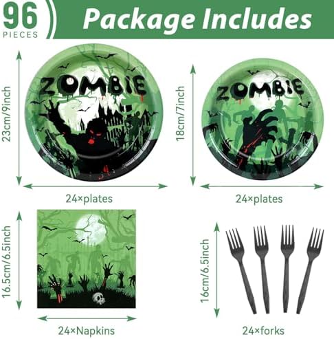 Wiooffen 96 Pcs Zombie Halloween Plates Napkins Tableware Set