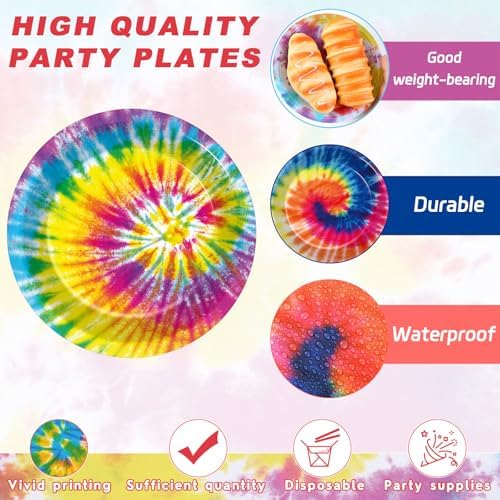 72PCS Rainbow Tie Dye Plates for 60s 70s Theme Party