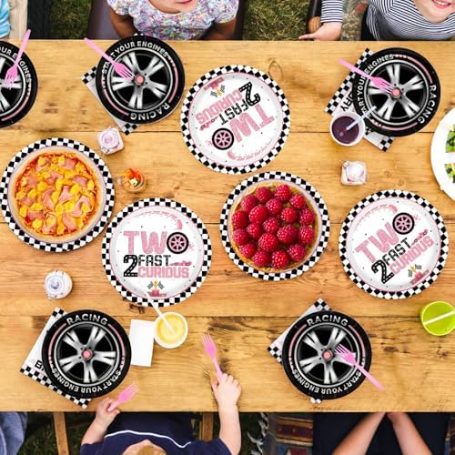 Grencian 96Pcs Pink Race Car Party Tableware Set for 2nd Birthday