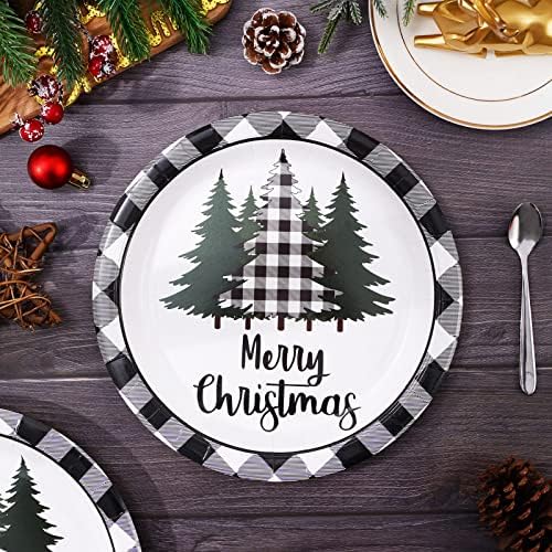 Whaline 24Pcs Christmas Paper Plates with Plaid Tree Design