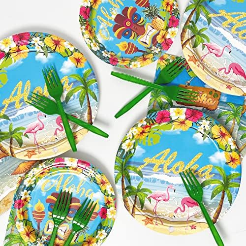 Tevxj 96PCS Hawaiian Aloha Party Plates Set for 24 Guests