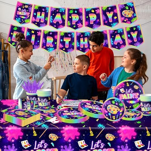 Neon Paint Splatter Party Tableware Set 142pcs