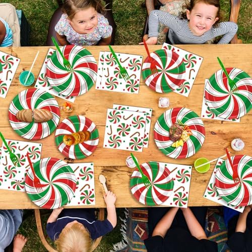 96 Pcs Christmas Peppermint Themed Plates Napkins Tableware Set for 24 Guests