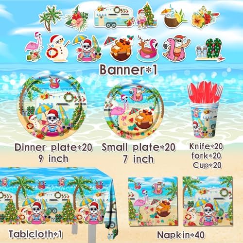 142pcs Hawaiian Christmas Plates Napkins Cups Forks Knives Tableware Set