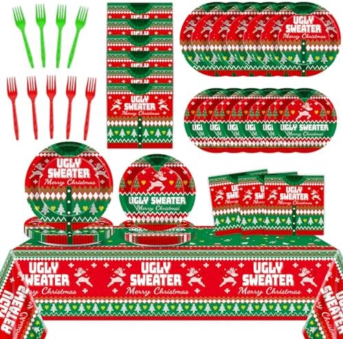 98 Pcs Christmas Ugly Sweater Party Tableware Set for 24 Guests