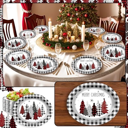 Wiooffen 100 PCS Christmas Oval Paper Plates 11 Inch Buffalo Plaid Party Supplies