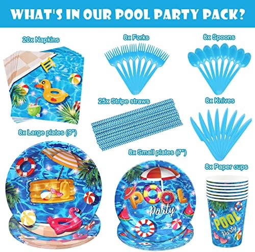 PHOGARY 93 PCS Pool Party Tableware Set for 8 Guests