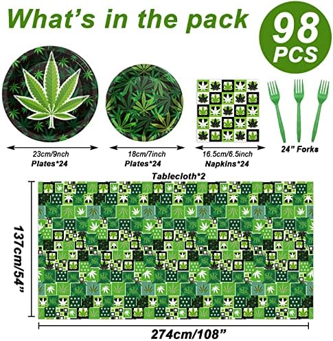 Gisgfim 98 Pcs Weed Themed Party Supplies Plates Tablecloth Decorations