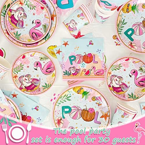 Summer Pool Party Decorations 121PCS Pink Plates Napkins Set
