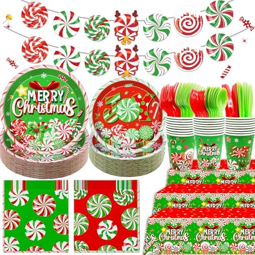 183Pcs Candy Cane Christmas Party Tableware Set