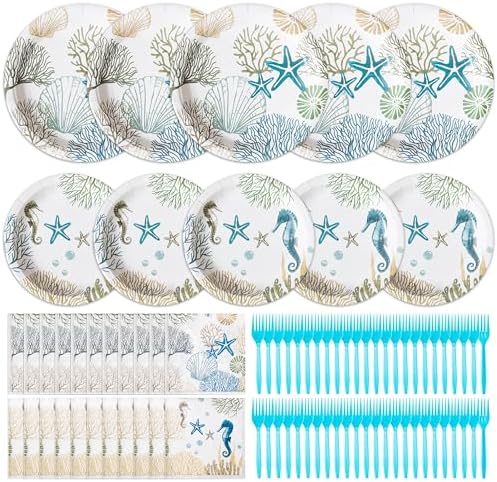 Ocean Seashell Themed Paper Plates Napkins Forks Set for 48 Guests