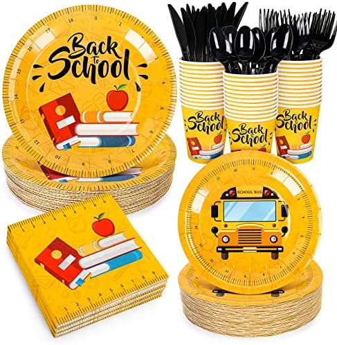Whaline 175Pcs Back to School Tableware Set Yellow Scales Prints