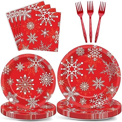 ZOIIWA 200 PCS Christmas Theme Disposable Plates Napkins Forks Set