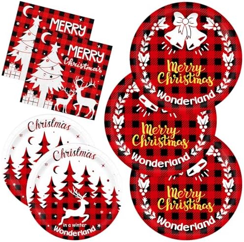 150pcs Red Buffalo Plaid Christmas Party Tableware Set for 50 Guests