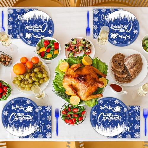 200Pcs Blue Christmas Plates Napkins Tableware Set for 50 Guests