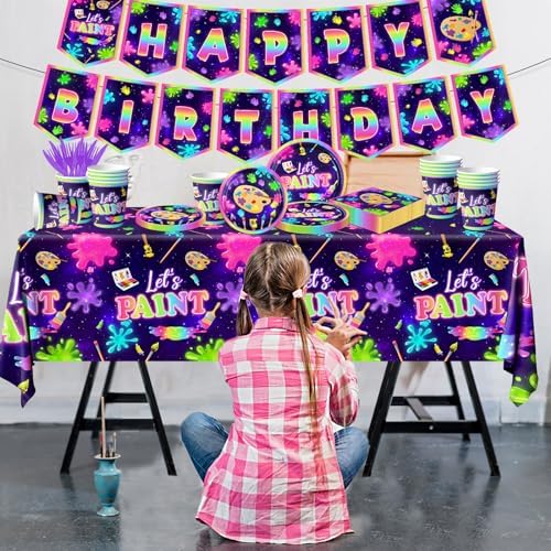 Neon Paint Splatter Party Tableware Set 142pcs