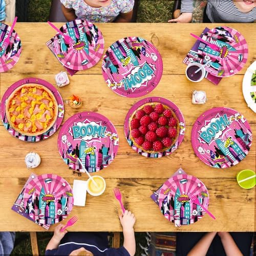 96 Pcs Pink Hero Birthday Party Tableware Set