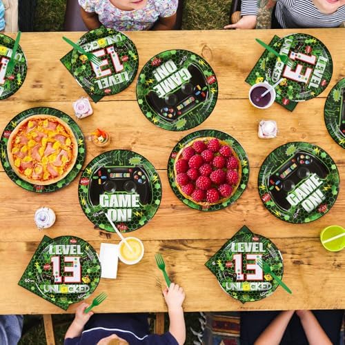 Grencian 96Pcs Green Game Party Tableware Set for 13th Birthday