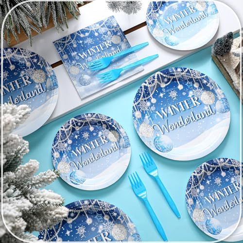 Zhehao 96 Pcs Winter Wonderland Plates and Napkins Set