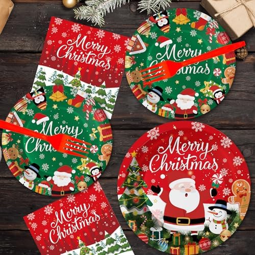 100 Pcs Christmas Plates and Napkins Set - Winter Party Decor