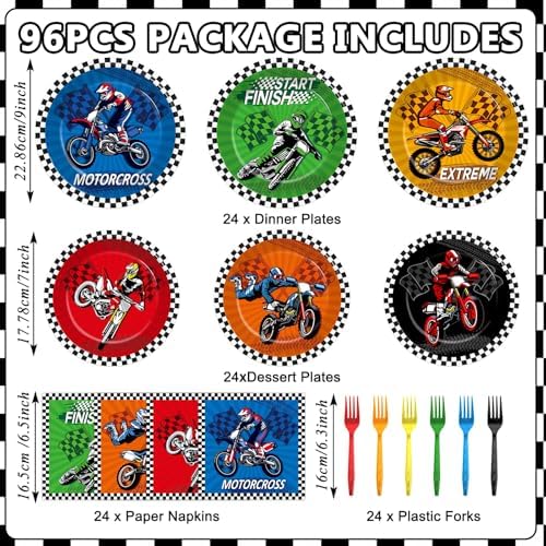 96Pcs Dirt Bike Party Plates Napkins Forks for Boys Birthday