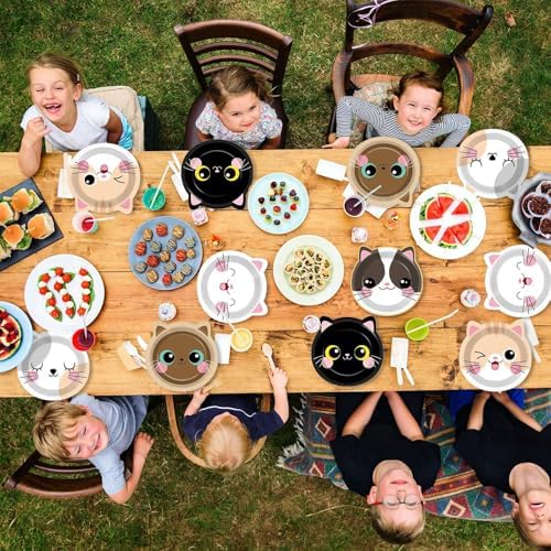 ZOIIWA 48Pcs Cat Shaped Paper Plates Birthday Party Set