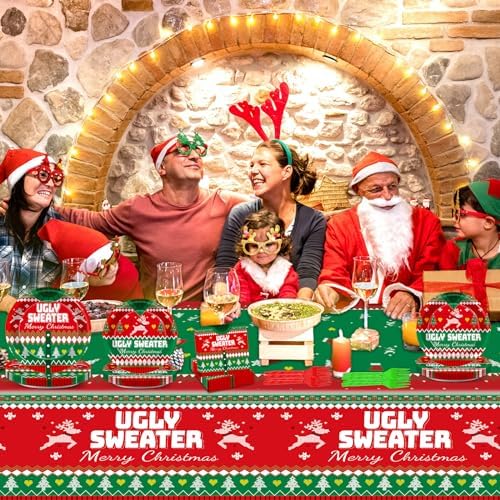 98 Pcs Christmas Ugly Sweater Party Tableware Set for 24 Guests