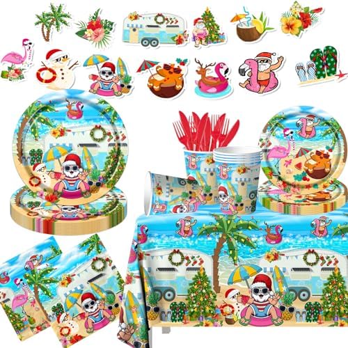 142pcs Hawaiian Christmas Plates Napkins Cups Forks Knives Tableware Set