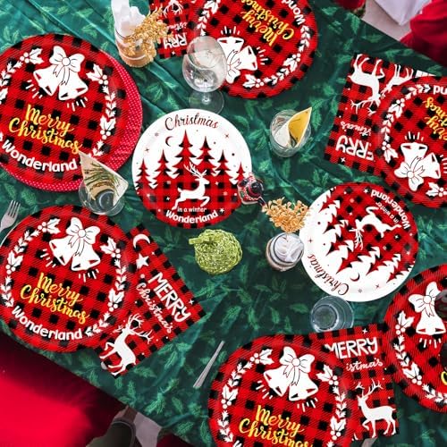 150pcs Red Buffalo Plaid Christmas Party Tableware Set for 50 Guests