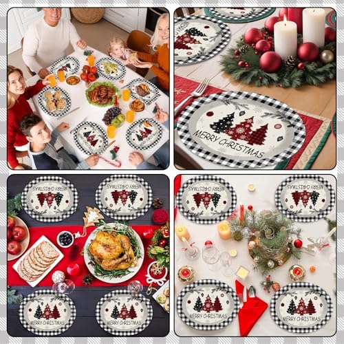 50 Count Christmas Buffalo Plaid Oval Paper Plates 11x9 Inch Party Supplies