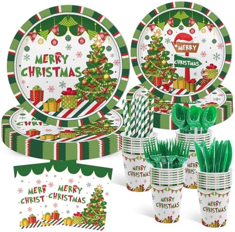 MEHOFOND 192Pcs Christmas Plates Napkins Set for 24 Guests