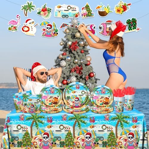 142pcs Hawaiian Christmas Plates Napkins Cups Forks Knives Tableware Set
