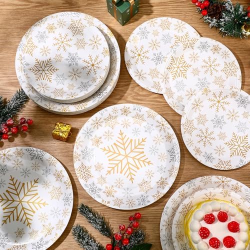 Yungyan 120Pcs Snowflake Paper Plates Christmas Party Plates
