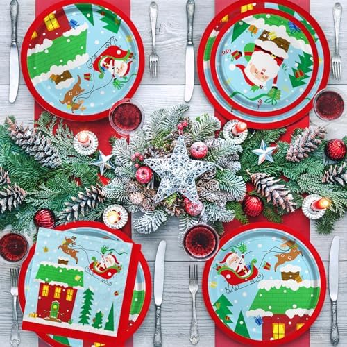 Santa-Themed Disposable Plates Napkins Cups Set with Waterproof Tablecloth - 25 Pieces