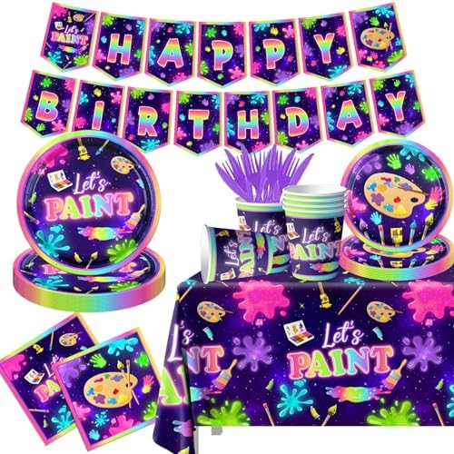 Neon Paint Splatter Party Tableware Set 142pcs