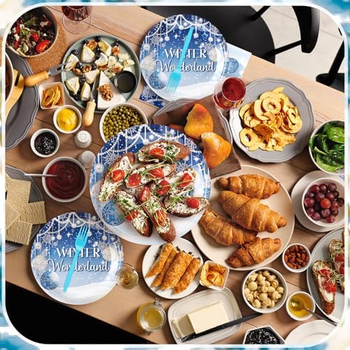 Zhehao 96 Pcs Winter Wonderland Plates and Napkins Set