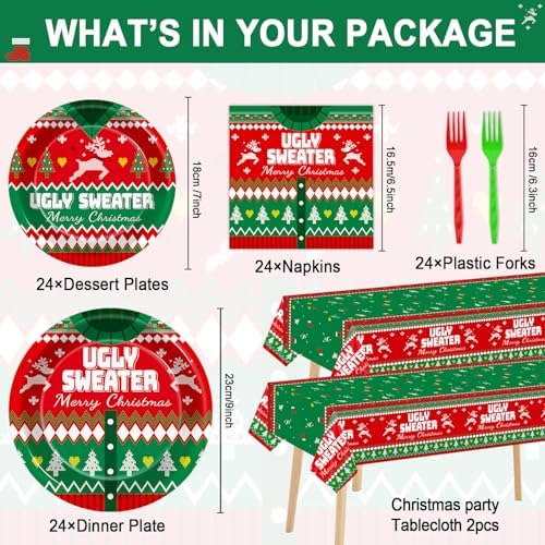 98 Pcs Christmas Ugly Sweater Party Tableware Set for 24 Guests