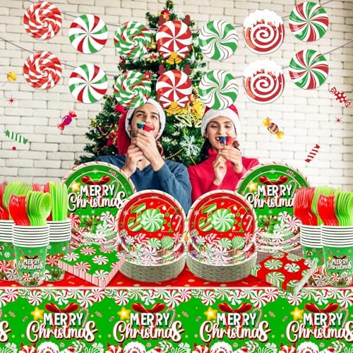 183Pcs Candy Cane Christmas Party Tableware Set