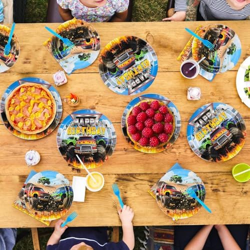 Grencian 96Pcs Monster Truck Party Plates and Napkins for Kids
