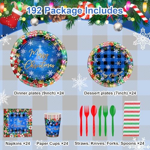 Avezano 192 Pcs Christmas Paper Plates Napkins Set Serve 24