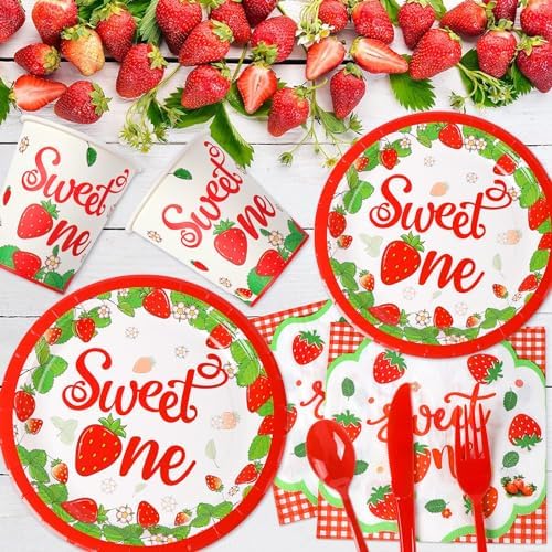168 Pcs Strawberry Birthday Tableware Set for 24 Guests