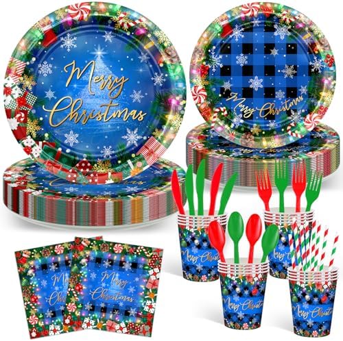 Avezano 192 Pcs Christmas Paper Plates Napkins Set Serve 24