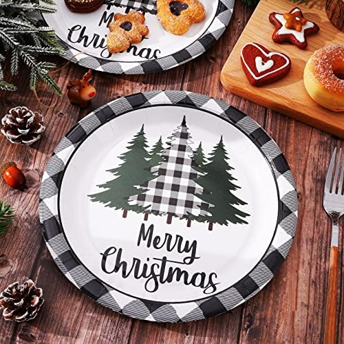 Whaline 24Pcs Christmas Paper Plates with Plaid Tree Design