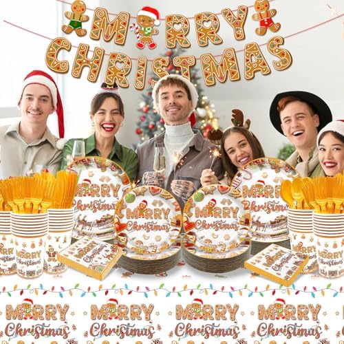 185Pcs Gingerbread Party Supplies Plates Napkins Banner